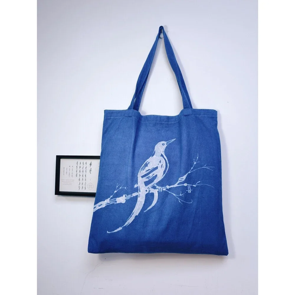 Nüshu Happiness Batik Tote | Indigo Magpie Plum Blossom Chinese Art Bag